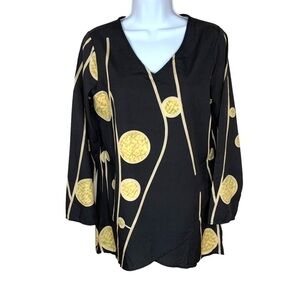 NEW Black Gold Abstract Lightweight Blouse V Neck Top Long Sleeve Small